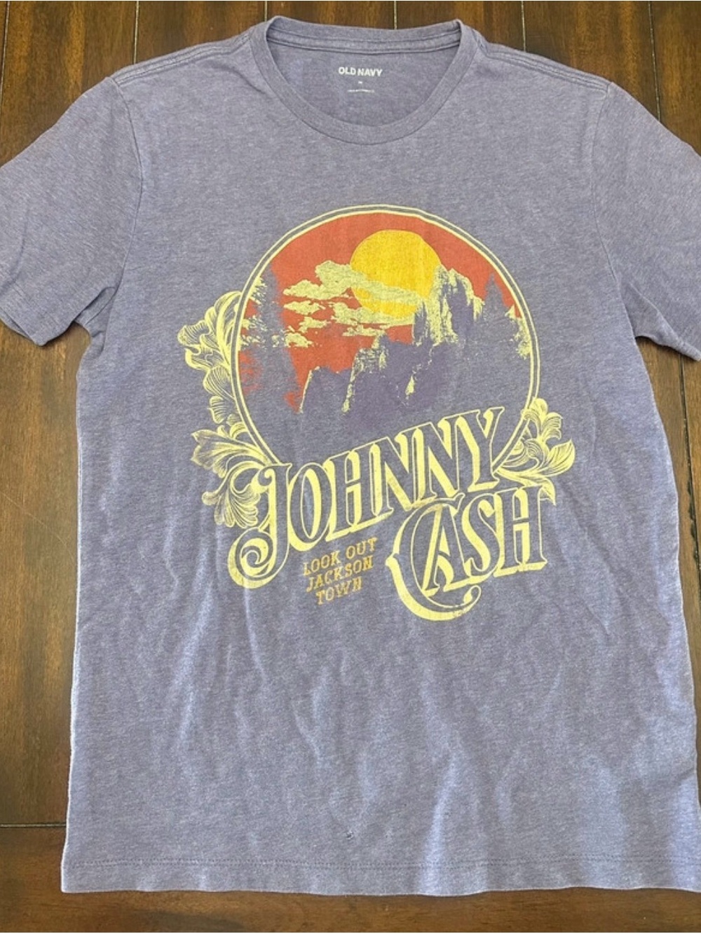 Old Navy Purple Graphic Johnny Cash Tee with Yellow & Red Print